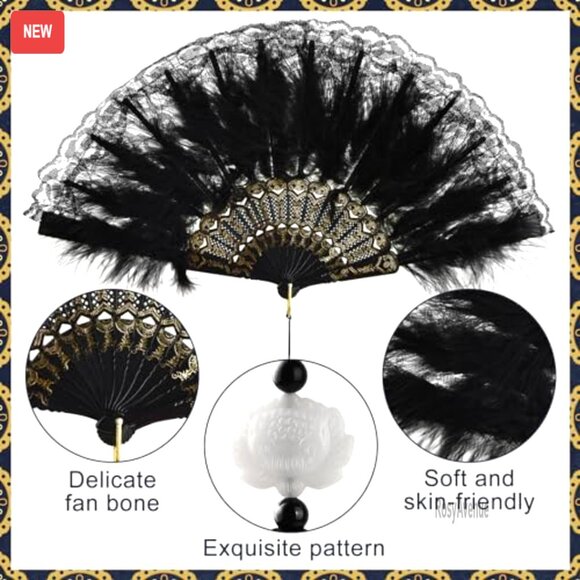 Vintage Fascinator Hat Set with Pearl Necklace Lace Gloves Earrings Feather Fan - Picture 3 of 7